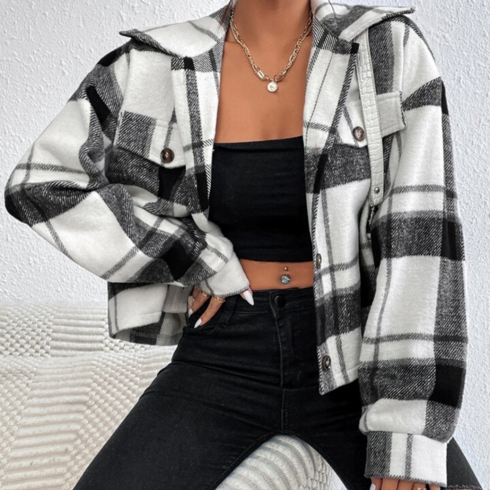 SHEIN EZwear Black White Plaid Flap Detail Drop Shoulder Cropped Jacket Large